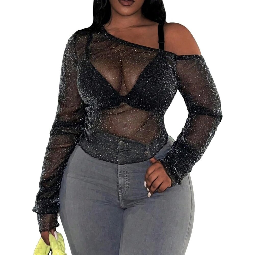 Women's Plus Size Sheer Mesh Glitter Top Long Sleeve Off Shoulder Tee